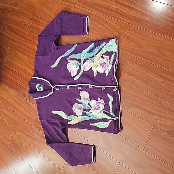 Storybook Knits Vtg 90's Purple Floral Cardigan Sz L EUC - Picture 6 of 8